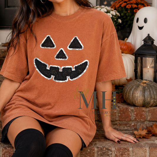 Embroidered Pumpkin Face Lace Comfort Colors T-shirt