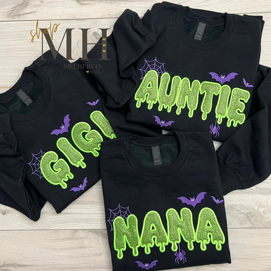 Embroidered Drippy GIGI, NANA, AUNTIE, & MAMA Glitter Sweatshirt - Purple & Neon