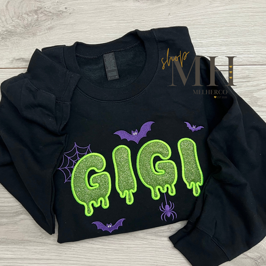 Embroidered Drippy GIGI, NANA, AUNTIE, & MAMA Glitter Sweatshirt - Purple & Neon