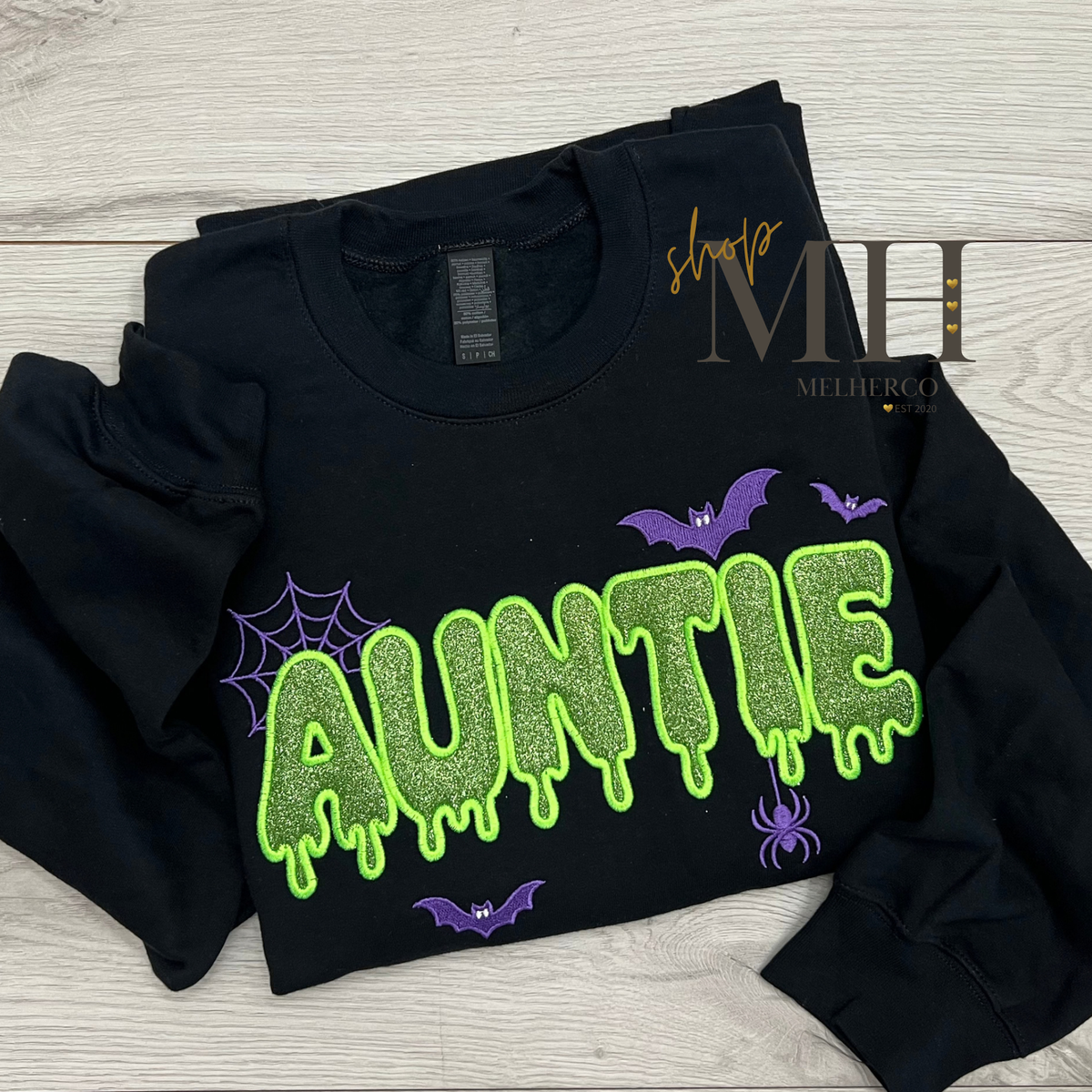 Embroidered Drippy GIGI, NANA, AUNTIE, & MAMA Glitter Sweatshirt - Purple & Neon