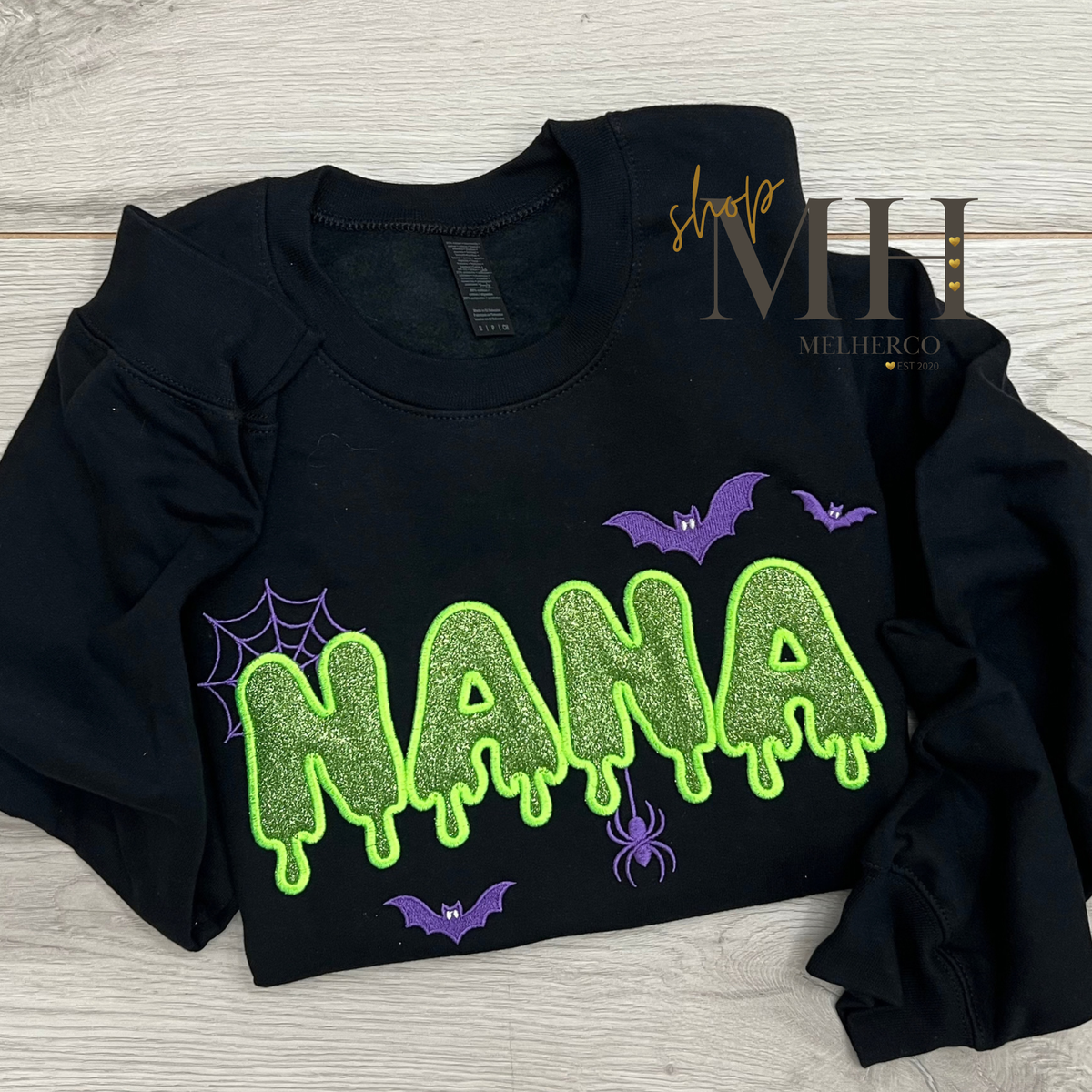 Embroidered Drippy GIGI, NANA, AUNTIE, & MAMA Glitter Sweatshirt - Purple & Neon