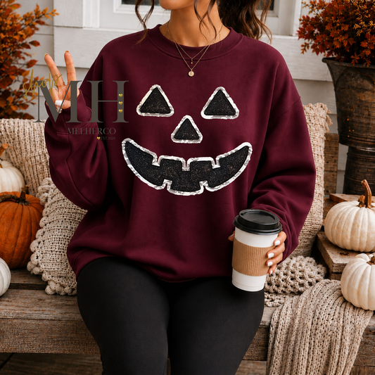 Embroidered Pumpkin Face Glitter Lace Sweatshirt
